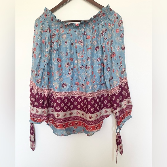 NWT Beach Lunch Lounge Blouse Women Blue Pullover Top Off Shoulder Floral Boho - Picture 2 of 5